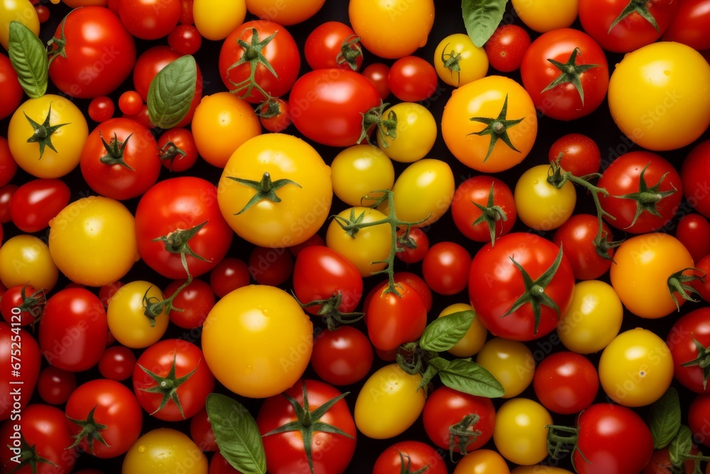Ripe tomatoes of different variety red and yellow. Top view