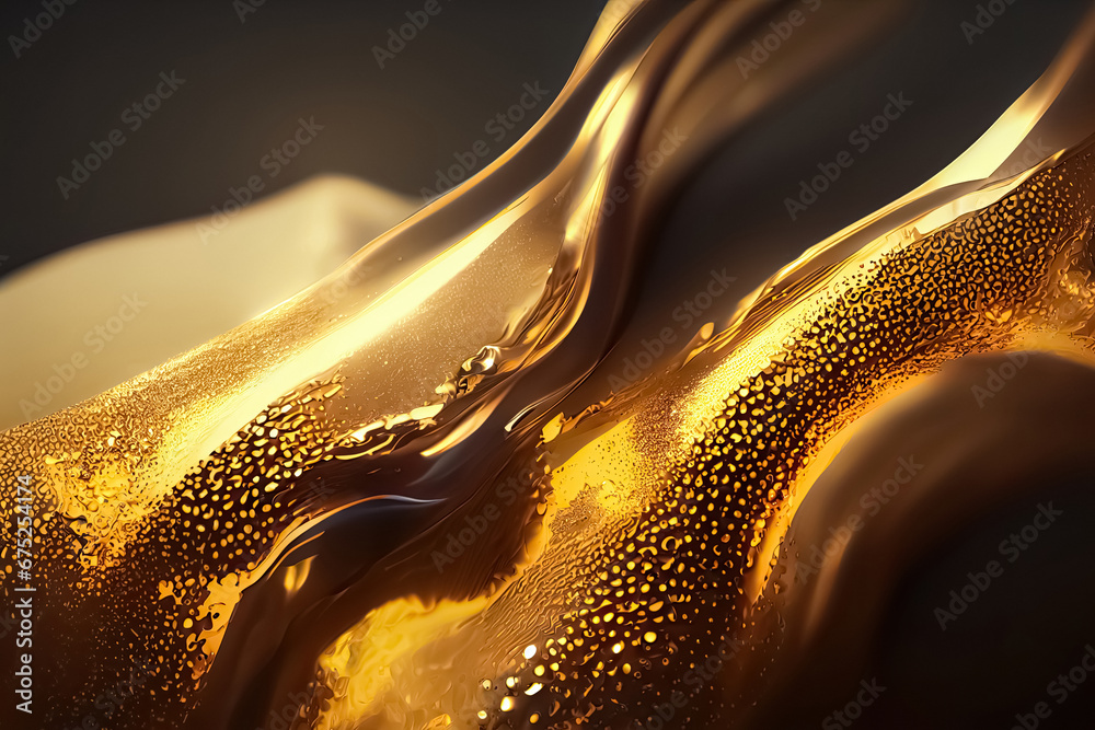 Liquid gold metallic dynamic glossy fluid abstract luxurious background.