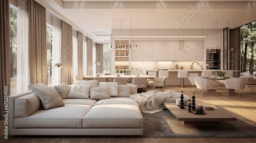 Luxurious interior design living room and white kitchen. Open plan interior. © Esha