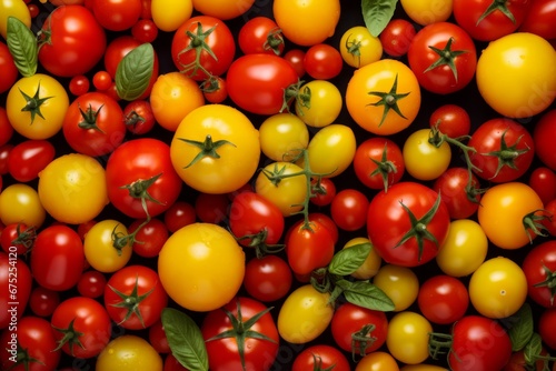 Ripe tomatoes of different variety red and yellow. Top view