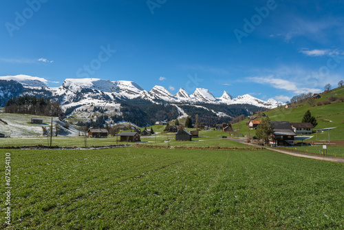 View of the snowy Churfirsten mountains in the Swiss Alps, Toggenburg, Wildhaus-Alt St Johann, Canton St. Gallen, Switzerland
