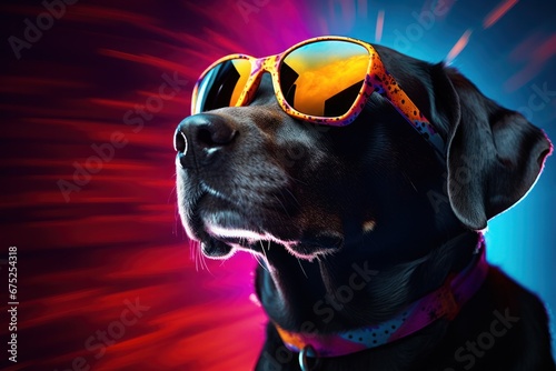 A stylish dog of a unique breed dons sleek sunglasses, accessorized with a trendy collar and cool goggles, exuding confidence and swag as a fierce mammal in the animal kingdom © mockupzord