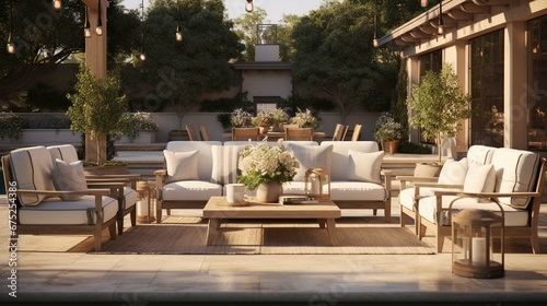 Photo of a beautifully decorated outdoor patio with plenty of comfortable seating options photo