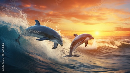 Playful dolphins jumping over breaking waves. Hawaii Pacific Ocean wildlife scenery. © Esha