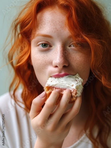 Young beautiful red-haired woman eating a cake with cream closeup