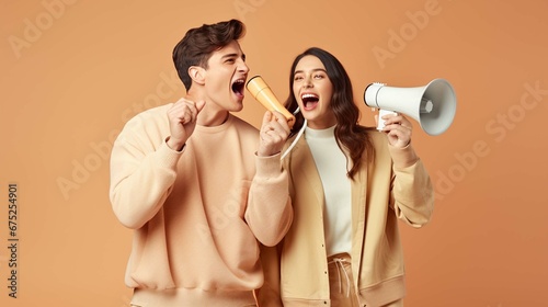 Side view young couple two friends family man woman wear casual clothes hold in hand megaphone scream announces discounts sale Hurry up together isolated on pastel plain light beige color background