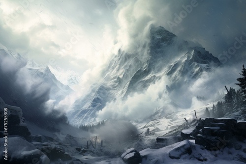 Avalanche sliding perilously amidst towering mountains. Generative AI photo