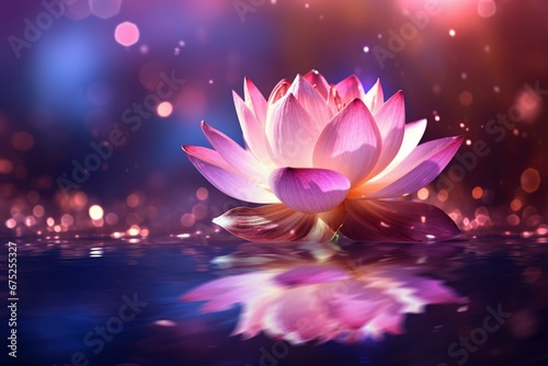 Magical pink lotus on water with shiny blossom lights and bokeh background. Generative AI