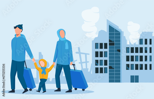 Vector of a family with a child walking in a dismayed city, fleeing from a war zone photo