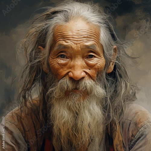 Portrait of an elderly Chinese man with an abstract background. 