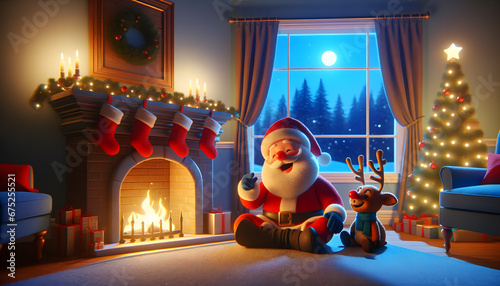 Santa Claus and Reindeer by Fireplace. Illustration enerative AI photo