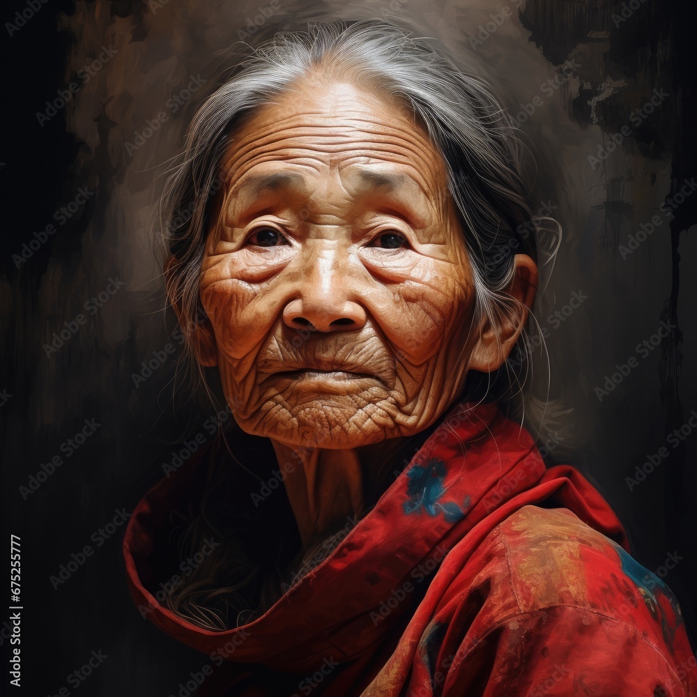 Portrait of an elderly asian woman in a red dress with an abstract dark background. 