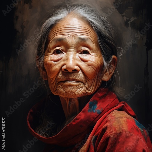Portrait of an elderly asian woman in a red dress with an abstract dark background. 