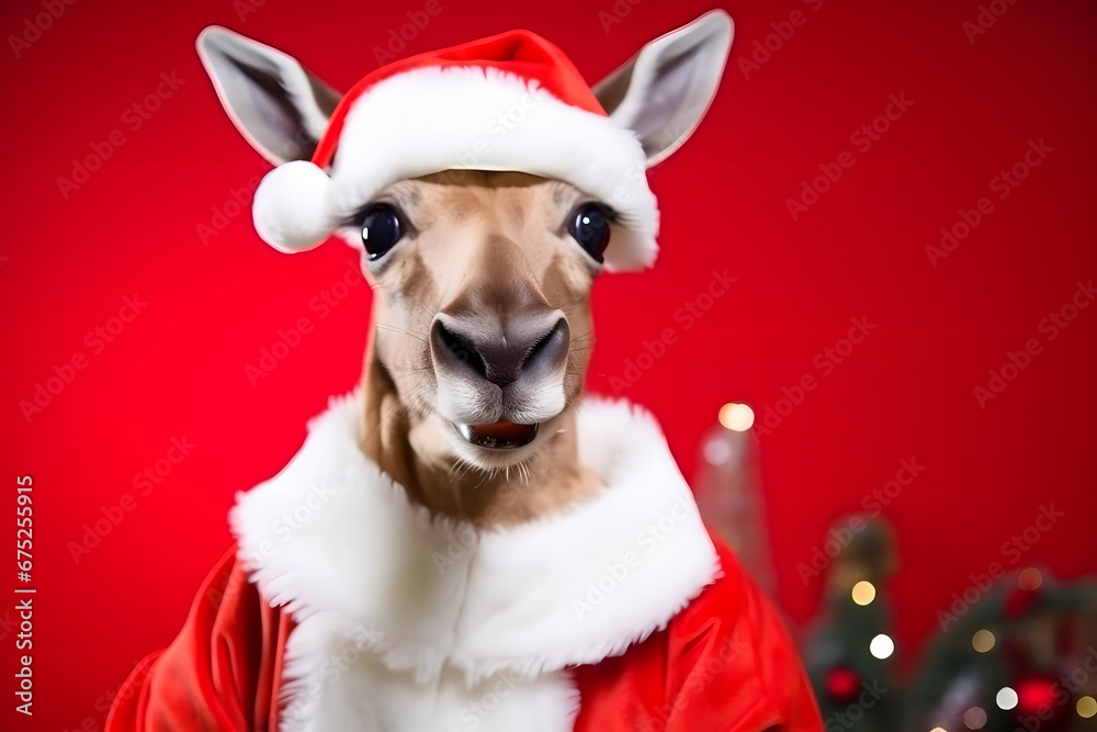 Portrait of a Kangaroo Dressed in a Red Santa Claus Costume in Studio with Colorful Background