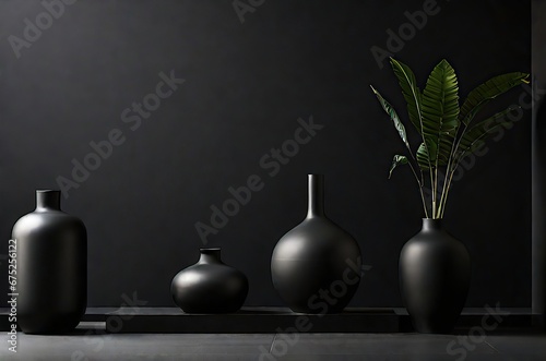 Four vases neatly arranged on a shelf against a sleek black wall, adding stylish and modern decor to the space.