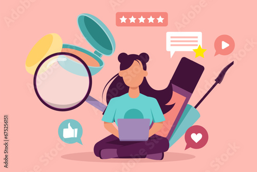Vector of a blogger with magnifying glass and laptop rating cosmetics product