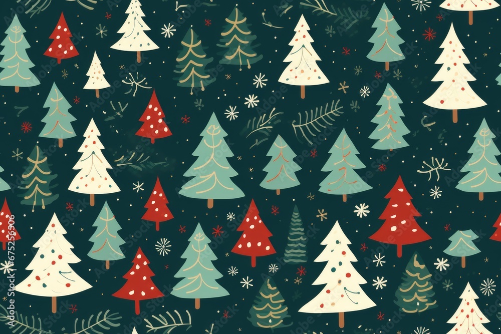 Fototapeta premium green christmas tree seamless pattern on dark green background. Flat style. Generative AI