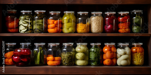  Home Canning, Preserving, Pickling Food Stored on Wooden Storage Shelves . Wooden Shelf Preserves