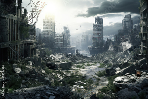 modern city destroyed by war, explosion or earthquake with high-rise buildings