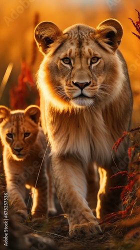 lion and cub in the savannah