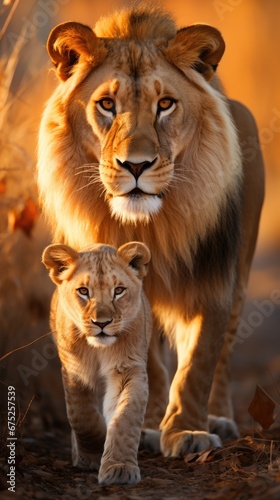 lion and cub in the savannah