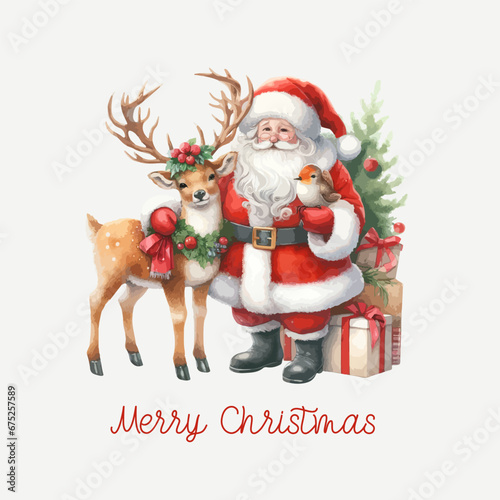 Cute watercolor christmas Santa Claus with deer,gift boxes and christmas tree. Christmas wishes calligraphy card. Template for New Year Card, Scrapbooking, Sticker, Planner, Invitation.