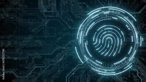 Digital biometric. Security and identify by fingerprint concept. Scanning system of the finger print. 3d rendering of abstract technology circuit board background. Cybersecurity innovation concept photo