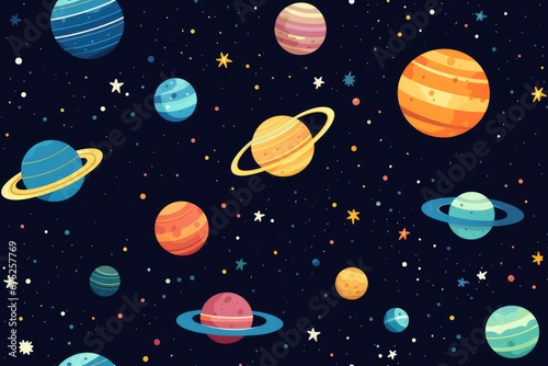 Seamless pattern with cartoon planets and stars.