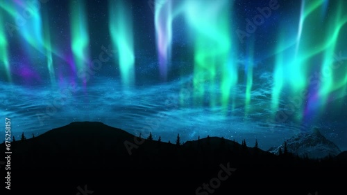 Aurora Borealis Time Lapse Seamless Loop, Mountain Ridges, Simulated Green Blue Purple Northern Light Nordic Countries Norway Finland Sweden Alaska Canada Greenland Iceland