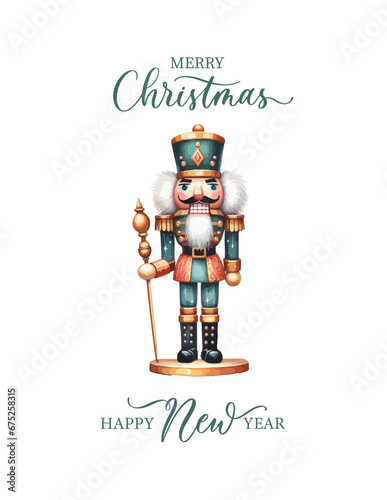 Vector Christmas watercolor illustration in Scandinavian style. Cute nutcracker with mistletoe, berries, candy cane. Christmas Holiday greeting card.