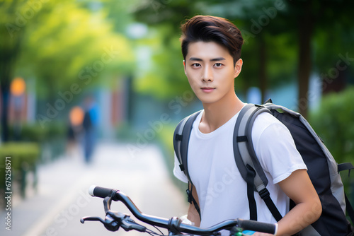 Portrait of asian male college student with bicycle