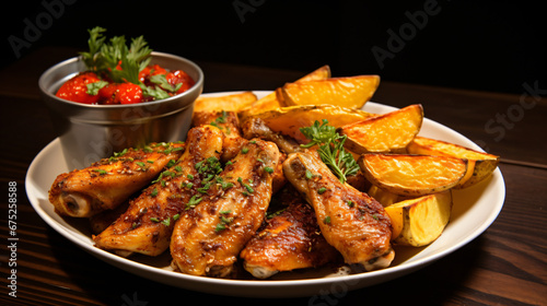 Spicy chicken wings and potato wedges