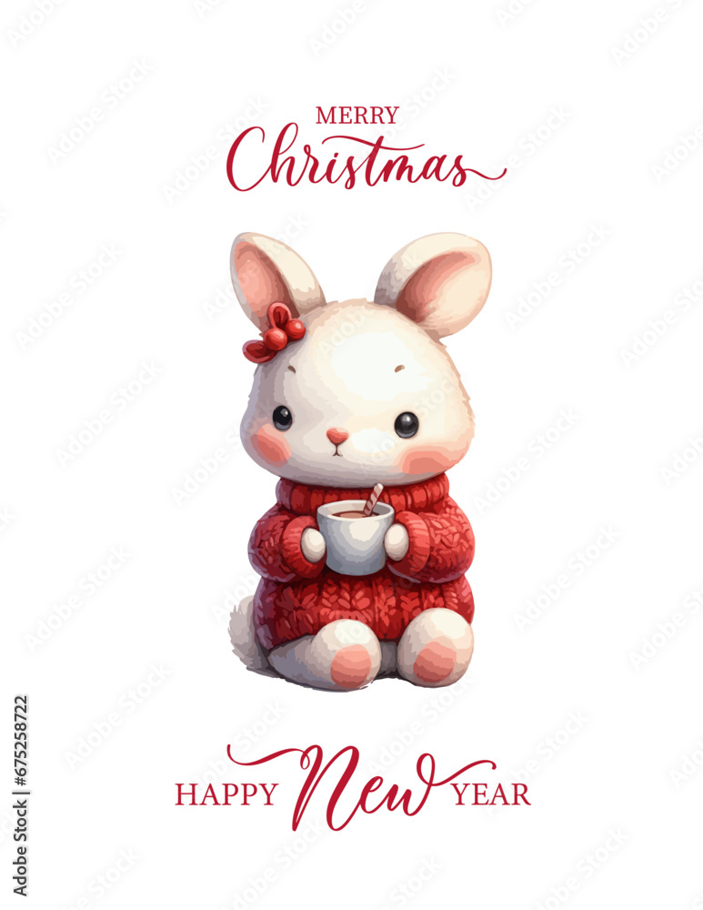 Merry Christmas And Happy New Year With Cute Little Rabbit Santa Claus. Season's Greetings Card. Merry Christmas And Happy New Year With Cute Little Rabbit Santa Claus. Season's Greetings Card.