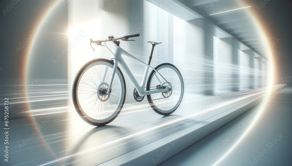 Fototapeta premium Modern White Bicycle in Motion Against Light Background