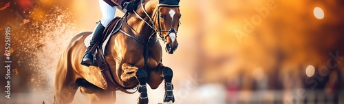 Print op canvas equestrian jumping with blurred background, esquietrian illustration, Generative