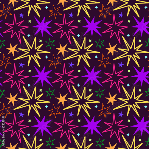 Vector seamless blue galaxy pattern with stars. Dark space background with bright colored stars for fabric, paper and design.