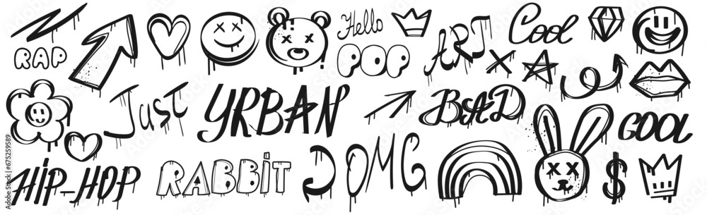 Set graffiti elements. Drawing slogan in urban style. Emoticon, bear, lettering street. Art graffiti lettering, spray effect. Vector illustration