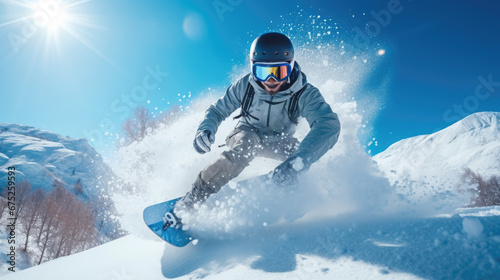 male snowboarder in goggles and helmet riding a snowboard on a snowy slope in the mountains, winter sport, athlete, lifestyle, vacation, man, speed