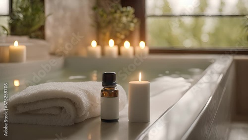 snowflakes gently fell outside, aromatic scent essential oils filled inside cozy bathroom. photo
