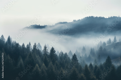 Misty landscape with fir forest in vintage retro style. © Jasmina
