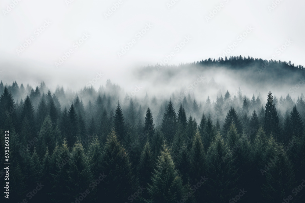Naklejka premium Misty landscape with fir forest in vintage retro style.