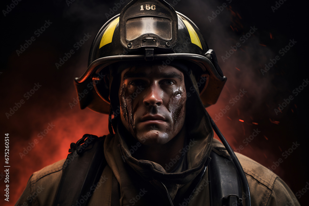Portrait of fireman standing confident wearing firefighter turnouts and helmet on a dark background and smoke