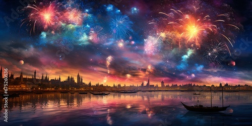 colorful fireworks in the sky  hypercolorful dreamscapes  multiple filter effect