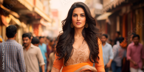 A beautiful Indian woman with fair skin and black hair, wearing western attire, strolling through a bustling city street