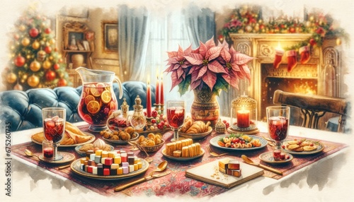 Cozy Spanish Christmas dinner, watercolor with fireplace.
