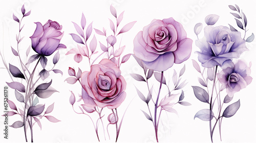 set watercolor elements of pink and purple roses collection garden flowers leaves; branches. Botanic; illustration, eucalyptus Wedding floral design, white background