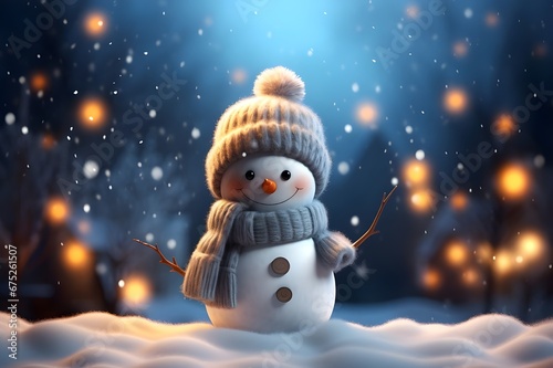 a small snowman standing in snowy scenery, in the style of luminous 3d objects © jungmin