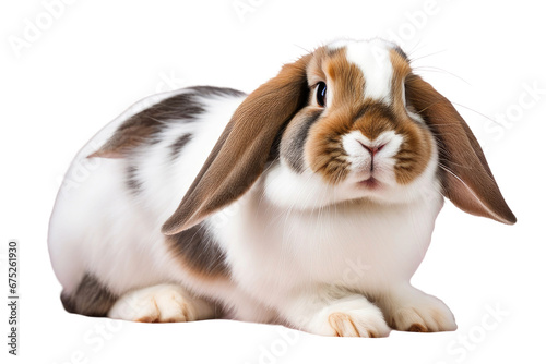a high quality stock photograph of a single happy satisfied long ear pet rabbit full body isolated on a white background photo