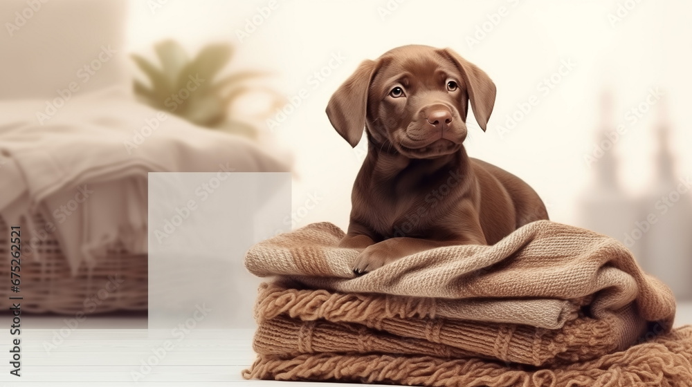 Cute puppy lying on pile of knitted warm blankets.. Copy space for promotional text. Winter sale advertising banner for inerior shop.