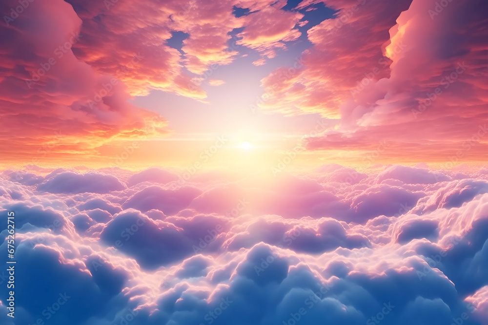 Beautiful pink and blue clouds and rays of the setting sun. Inside view.